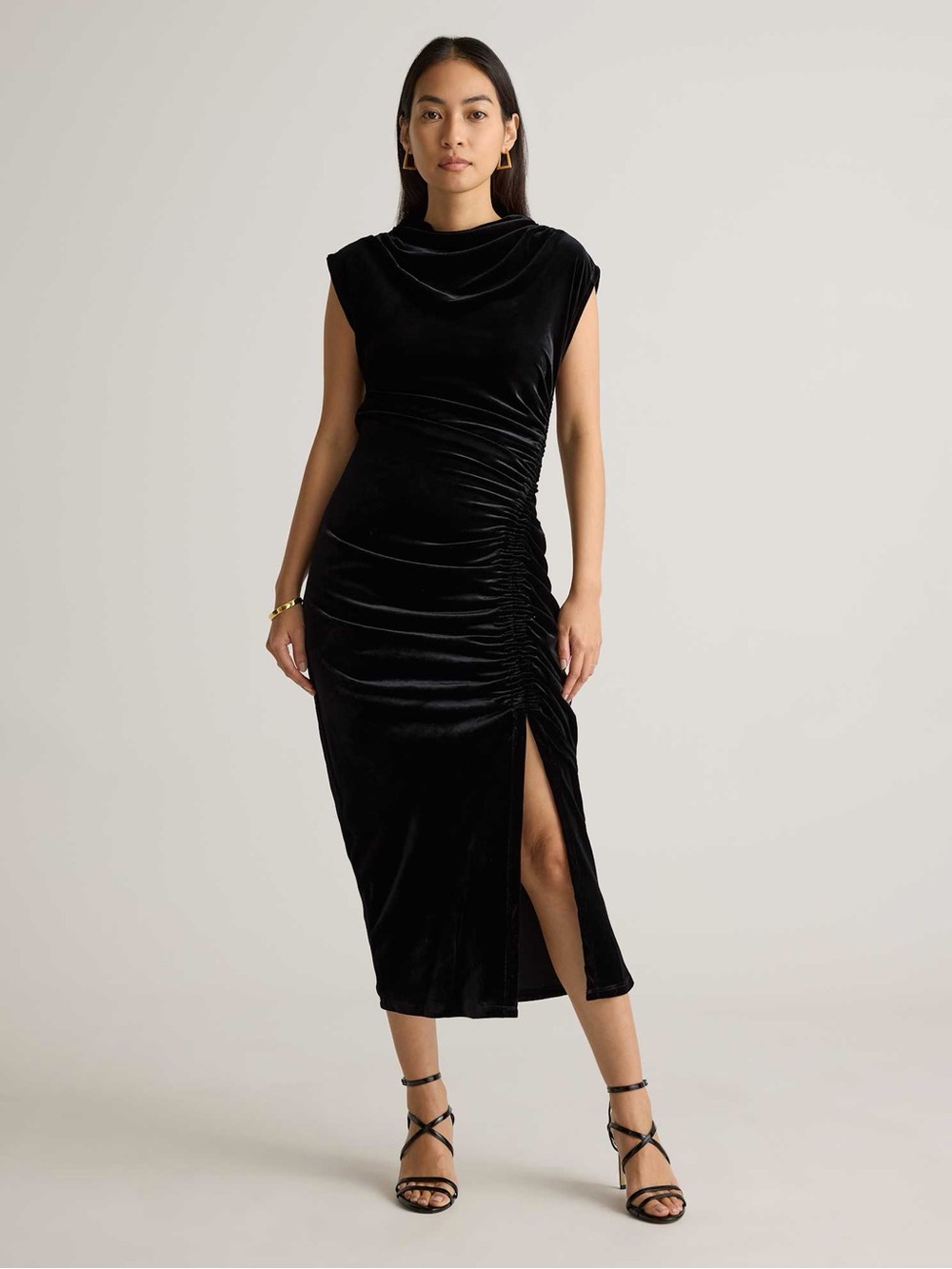 Stretch Silk Velvet Ruched Midi Dress